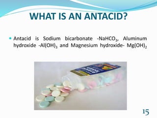WHAT IS AN ANTACID?
 Antacid is Sodium bicarbonate -NaHCO3, Aluminum
hydroxide -Al(OH)3 and Magnesium hydroxide- Mg(OH)2
15
 