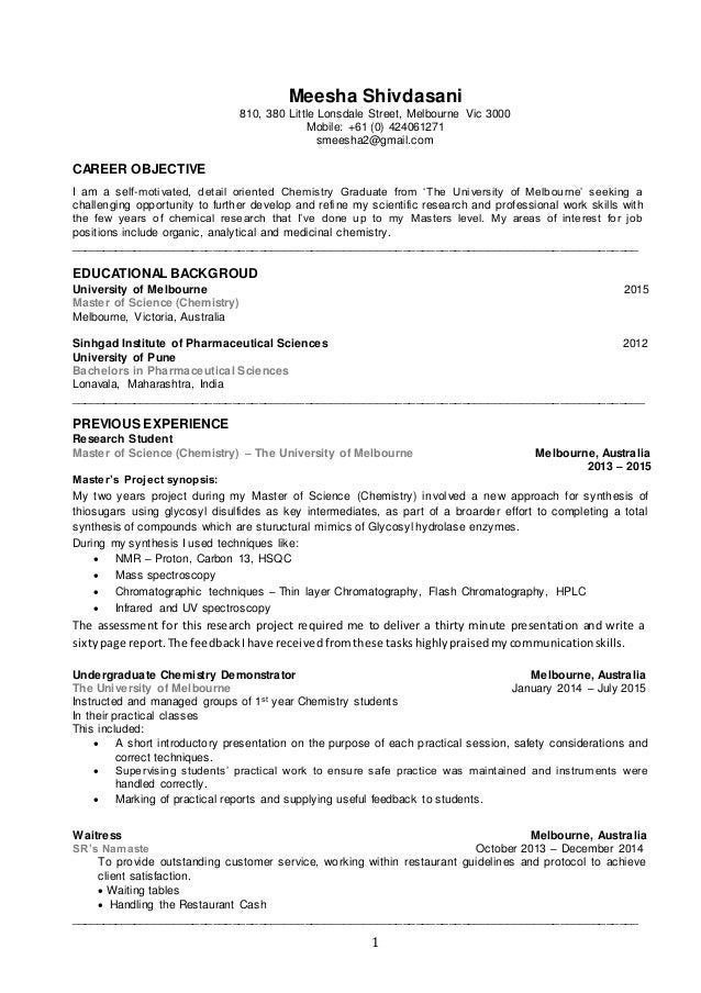 Analytical Chemist Ph.D. Resume/CV example (CSU Career Center) – Career Center resume for phd chemistry