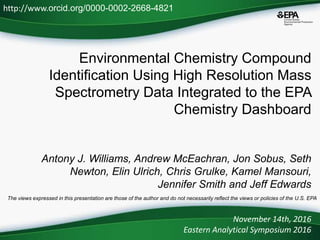 Environmental Chemistry Compound
Identification Using High Resolution Mass
Spectrometry Data Integrated to the EPA
Chemistry Dashboard
Antony J. Williams, Andrew McEachran, Jon Sobus, Seth
Newton, Elin Ulrich, Chris Grulke, Kamel Mansouri,
Jennifer Smith and Jeff Edwards
November 14th, 2016
Eastern Analytical Symposium 2016
http://www.orcid.org/0000-0002-2668-4821
The views expressed in this presentation are those of the author and do not necessarily reflect the views or policies of the U.S. EPA
 