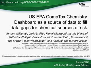 US EPA CompTox Chemistry
Dashboard as a source of data to fill
data gaps for chemical sources of risk
Antony Williams1, Chris Grulke1, Kamel Mansouri4, Kathie Dionisio2,
Katherine Phillips2, Grace Patlewicz1, Imran Shah1, Kristin Isaacs2,
Todd Martin3, John Wambaugh1, Ann Richard1 and Richard Judson1
1) National Center for Computational Toxicology, U.S. Environmental Protection Agency, RTP, NC
2) National Exposure Research Laboratory, U.S. Environmental Protection Agency, RTP, NC
3) National Risk Management Research Laboratory, U.S. Environmental Protection Agency, Cincinnati, OH
4) Scitovation, RTP, NC
March 2018
ACS Spring Meeting, New Orleans
http://www.orcid.org/0000-0002-2668-4821
The views expressed in this presentation are those of the author and do not necessarily reflect the views or policies of the U.S. EPA
 