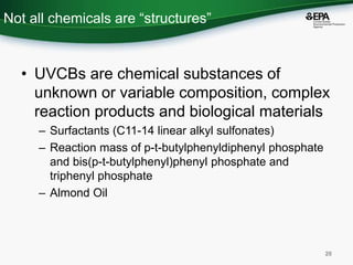 Not all chemicals are “structures”
• UVCBs are chemical substances of
unknown or variable composition, complex
reaction pr...