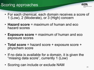 Scoring approaches
• For each chemical, each domain receives a score of
1 (Low), 2 (Moderate), or 3 (High) concern
• Hazar...