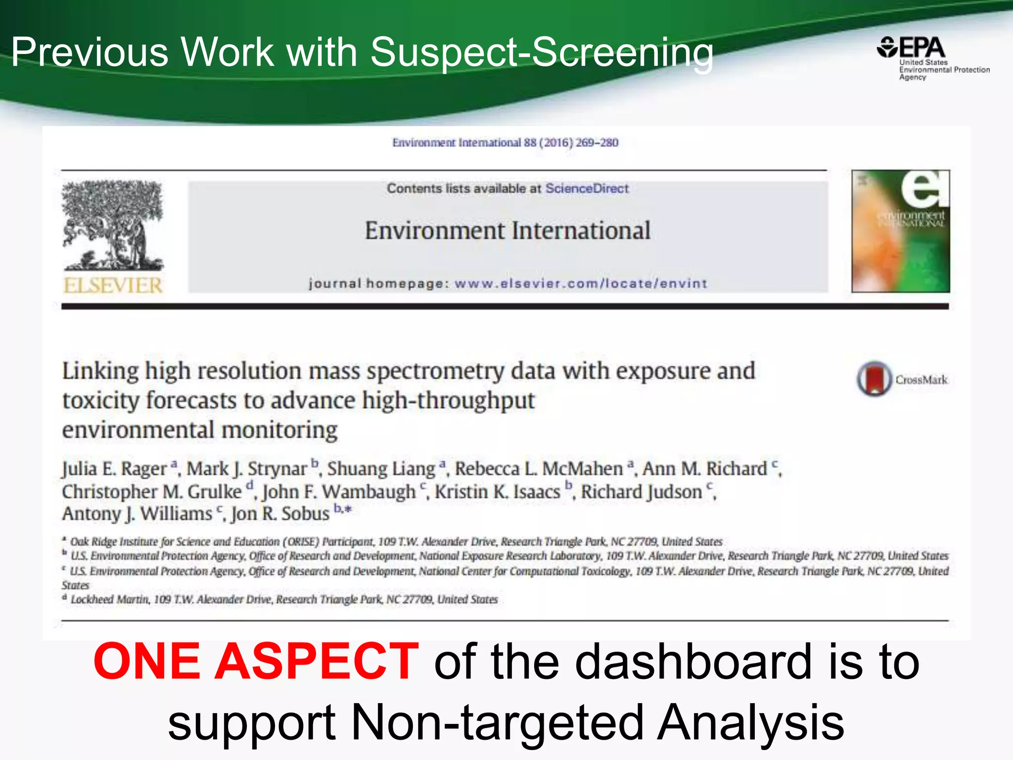 Previous Work with Suspect-Screening
ONE ASPECT of the dashboard is to
support Non-targeted Analysis
 