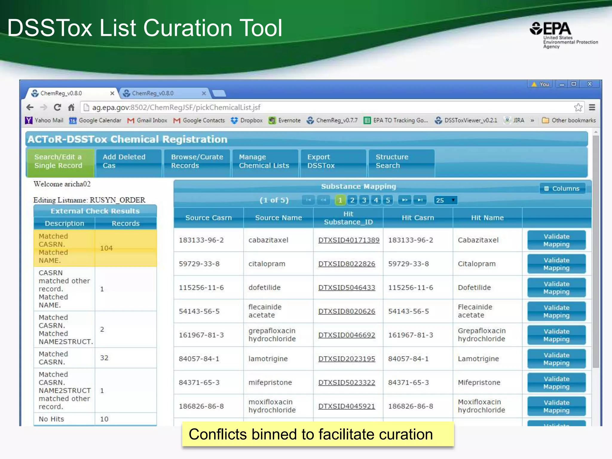 DSSTox List Curation Tool
Conflicts binned to facilitate curation
 