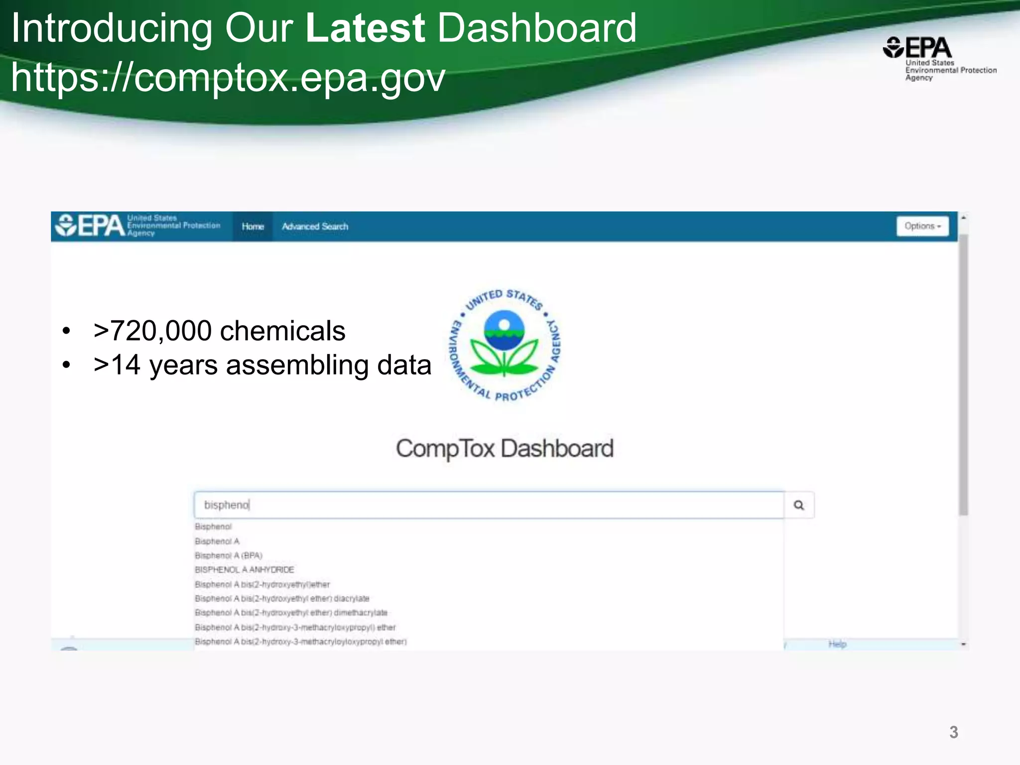 Introducing Our Latest Dashboard
https://comptox.epa.gov
3
• >720,000 chemicals
• >14 years assembling data
 
