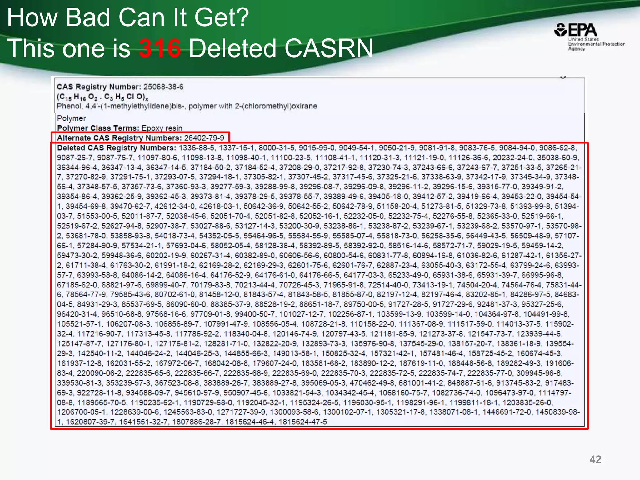 How Bad Can It Get?
This one is 316 Deleted CASRN
42
 