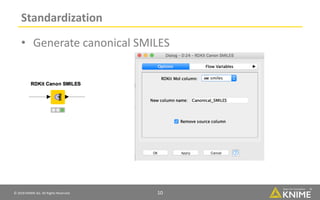 © 2018 KNIME AG. All Rights Reserved. 10
Standardization
• Generate canonical SMILES
 