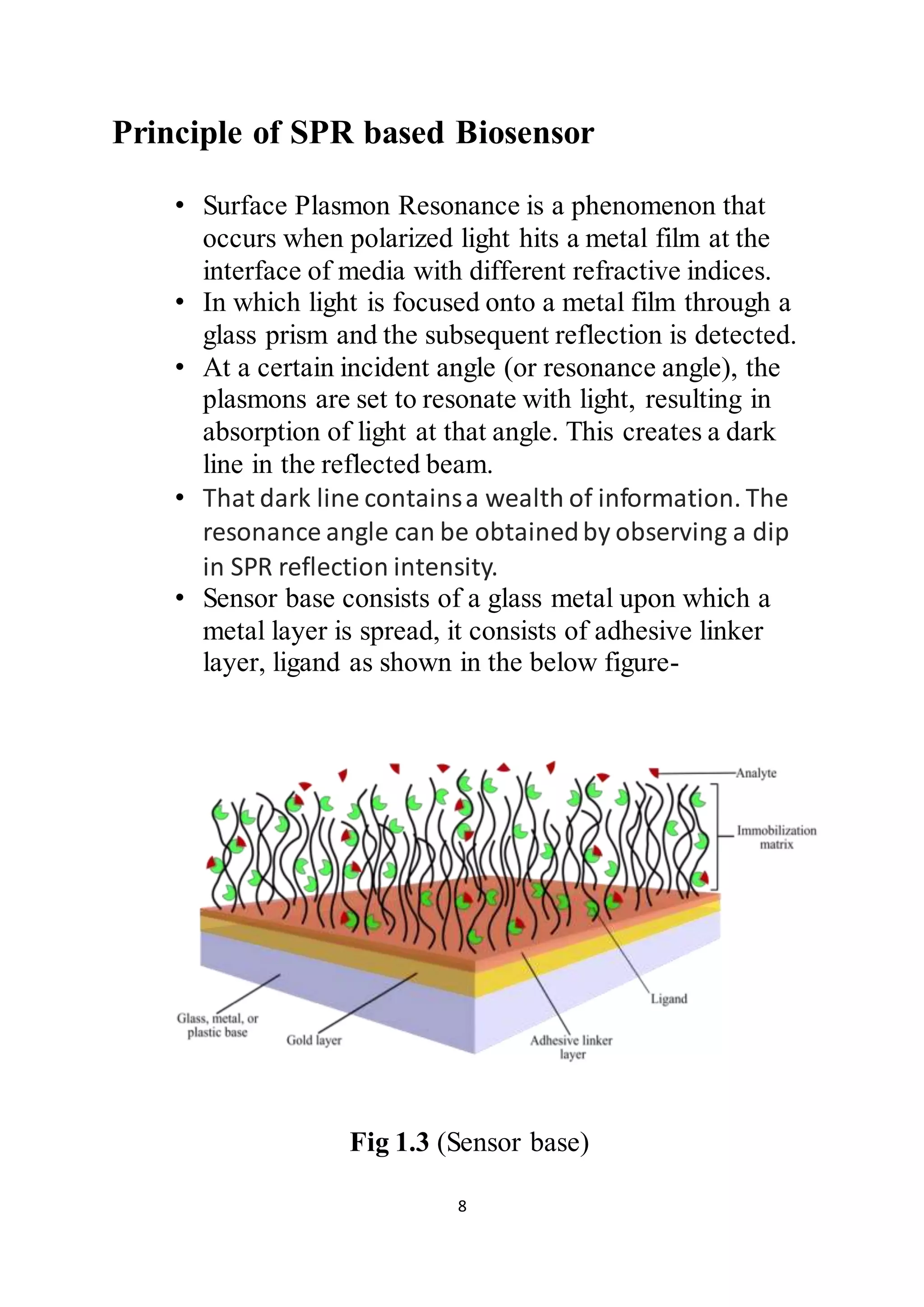 8
Principle of SPR based Biosensor
• Surface Plasmon Resonance is a phenomenon that
occurs when polarized light hits a metal film at the
interface of media with different refractive indices.
• In which light is focused onto a metal film through a
glass prism and the subsequent reflection is detected.
• At a certain incident angle (or resonance angle), the
plasmons are set to resonate with light, resulting in
absorption of light at that angle. This creates a dark
line in the reflected beam.
• That dark line containsa wealth of information. The
resonance angle can be obtainedby observing a dip
in SPR reflection intensity.
• Sensor base consists of a glass metal upon which a
metal layer is spread, it consists of adhesive linker
layer, ligand as shown in the below figure-
Fig 1.3 (Sensor base)
 