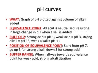 pH curves
• WHAT: Graph of pH plotted against volume of alkali
added
• EQUIVALENCE POINT: All acid is neutralised, resulting
in large change in pH when alkali is added
• RULE OF 2: Strong acid = pH 1, weak acid = pH 3, strong
alkali = pH 13, weak alkali = pH 11
• POSITION OF EQUIVALENCE POINT: Start from pH 7,
go up 3 for strong alkali, down 3 for strong acid
• BUFFER RANGE: When halfway towards equivalence
point for weak acid, strong alkali titration
 