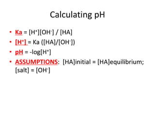 Calculating pH
• Ka = [H+][OH-] / [HA]
• [H+] = Ka ([HA]/[OH-])
• pH = -log[H+]
• ASSUMPTIONS: [HA]initial = [HA]equilibrium;
[salt] = [OH-]
 