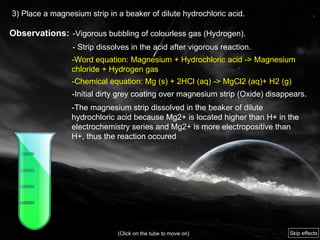 3) Place a magnesium strip in a beaker of dilute hydrochloric acid. Observations: -Vigorous bubbling of colourless gas (Hydrogen). - Strip dissolves in the acid after vigorous reaction. -Word equation: Magnesium + Hydrochloric acid -> Magnesium chloride + Hydrogen gas  -Chemical equation: Mg (s) + 2HCl (aq) -> MgCl2 (aq)+ H2 (g) -Initial dirty grey coating over magnesium strip (Oxide) disappears. -The magnesium strip dissolved in the beaker of dilute hydrochloric acid because  Mg2+ is located higher than H+ in the electrochemistry series  and  Mg2+ is more electropositive than H+ , thus the reaction occured   (Click on the tube to move on) Skip effects 