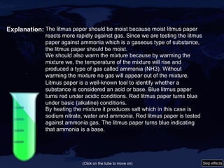Explanation: (Click on the tube to move on) The litmus paper should be moist because moist litmus paper reacts more rapidly against gas. Since we are testing the litmus paper against ammonia which is a gaseous type of substance, the litmus paper should be moist. We should also warm the mixture because b y warming the mixture we, the temperature of the mixture will rise and produced a type of gas called ammonia (NH3). Without warming the mixture no gas will appear out of the mixture. Litmus paper is a well-known tool to identify whether a substance is considered an acid or base. Blue litmus paper turns red under acidic conditions. Red litmus paper turns blue under basic (alkaline) conditions. By heating the mixture it produces salt which in this case is sodium nitrate, water and ammonia. Red litmus paper is tested against ammonia gas. The litmus paper turns blue indicating that ammonia is a base. Skip effects 