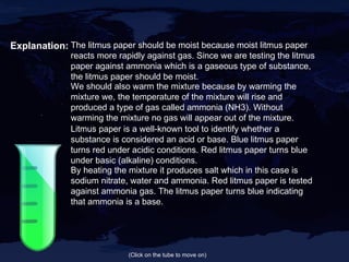 Explanation: (Click on the tube to move on) The litmus paper should be moist because moist litmus paper reacts more rapidly against gas. Since we are testing the litmus paper against ammonia which is a gaseous type of substance, the litmus paper should be moist. We should also warm the mixture because b y warming the mixture we, the temperature of the mixture will rise and produced a type of gas called ammonia (NH3). Without warming the mixture no gas will appear out of the mixture. Litmus paper is a well-known tool to identify whether a substance is considered an acid or base. Blue litmus paper turns red under acidic conditions. Red litmus paper turns blue under basic (alkaline) conditions. By heating the mixture it produces salt which in this case is sodium nitrate, water and ammonia. Red litmus paper is tested against ammonia gas. The litmus paper turns blue indicating that ammonia is a base. 