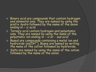    Binary acid are compounds that contain hydrogen
    and nonmetal ions. They are named by using the
    prefix hydro followed by the name of the anion
    ending in – ic acid.
   Ternary acid contain hydrogen and polyatomic
    ions. They are named by using the name of the
    polyatomic ion ending in – ic or - ous acid
   Based are compounds containing a metal ion and
    hydroxide ion(OH‾). Bases are named by writing
    the name of the cation followed by hydroxide.
   Salts are named by using the name of the cation
    followed by the name of the anion.
 