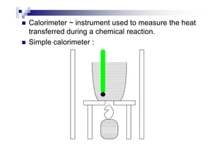 Calorimeter ~ instrument used to measure the heat
transferred during a chemical reaction.
Simple calorimeter :
 