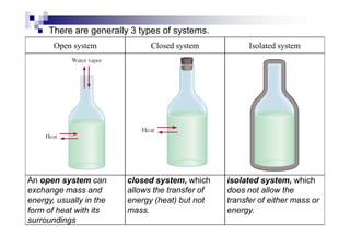 There are generally 3 types of systems.
Open system Closed system Isolated system
An open system can
exchange mass and
energy, usually in the
form of heat with its
surroundings
closed system, which
allows the transfer of
energy (heat) but not
mass.
isolated system, which
does not allow the
transfer of either mass or
energy.
 