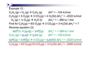 Example 12 :
C3H6 (g) + H2 (g) C3H8 (g) H∅ = –124 kJ/mol
C3H8(g) + 5 O2(g) 3 CO2(g) + 4 H2O(l) Hc
∅ = –2222 kJ/mol
H2 (g) + ½ O2(g) H2O (l) Hc
∅ = – 286 kJ / mol
Find for C3H6(g) + 9/2 O2(g) 3 CO2(g) + 3 H2O(l) Hc
∅ = ?
Reverse equation (3)
H2O (l) H2 (g) + ½ O2(g) Hc
∅ = + 286 kJ / molH2O (l) H2 (g) + ½ O2(g) Hc = + 286 kJ / mol
C3H6 (g) + H2 (g) C3H8 (g) H∅ = –124 kJ/mol
C3H8(g) + 5 O2(g) 3 CO2(g) + 4 H2O(l) Hc
∅ = –2222 kJ/mol
C3H6(g) + 9/2 O2(g) 3 CO2(g) + 3 H2O(l) Hc
∅= –2060 kJ/mol
 