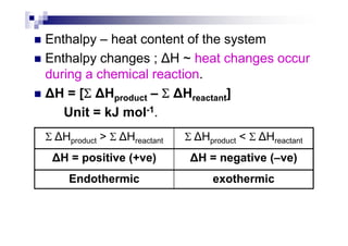 Enthalpy – heat content of the system
Enthalpy changes ; H ~ heat changes occur
during a chemical reaction.
H = [ΣΣΣΣ Hproduct – ΣΣΣΣ Hreactant]
Unit = kJ mol-1.
Σ Hproduct > Σ Hreactant Σ Hproduct < Σ Hreactant
H = positive (+ve) H = negative (–ve)
Endothermic exothermic
 