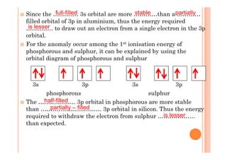 Since the …………. 3s orbital are more …………than a …………
filled orbital of 3p in aluminium, thus the energy required
………….. to draw out an electron from a single electron in the 3p
orbital.
For the anomaly occur among the 1st ionisation energy of
phosphorous and sulphur, it can be explained by using the
orbital diagram of phosphorous and sulphur
full-filled stable partially
is lesser
3s 3p 3s 3p
phosphorous sulphur
The ………………. 3p orbital in phosphorous are more stable
than …………………………. 3p orbital in silicon. Thus the energy
required to withdraw the electron from sulphur ……………….
than expected.
half-filled
partially – filled
is lesser
 