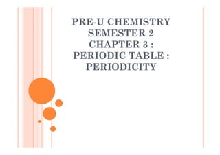 PRE-U CHEMISTRY
SEMESTER 2
CHAPTER 3 :
PERIODIC TABLE :
PERIODICITY
 