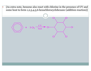 [As extra note, benzene also react with chlorine in the presence of UV and
some heat to form 1,2,3,4,5,6-hexachlorocyclohexane (addition reaction)]
 