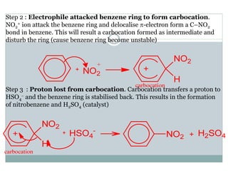 Step 2 : Electrophile attacked benzene ring to form carbocation.
NO2
+ ion attack the benzene ring and delocalise π-electron form a C–NO2
bond in benzene. This will result a carbocation formed as intermediate and
disturb the ring (cause benzene ring become unstable)
Step 3 : Proton lost from carbocation. Carbocation transfers a proton to
HSO4
− and the benzene ring is stabilised back. This results in the formation
of nitrobenzene and H2SO4 (catalyst)
 