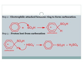 Step 2 : Electrophile attacked benzene ring to form carbocation.
Step 3 : Proton lost from carbocation
 