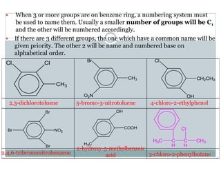 When 3 or more groups are on benzene ring, a numbering system must
be used to name them. Usually a smaller number of groups will be C1
and the other will be numbered accordingly.
If there are 3 different groups, the one which have a common name will be
given priority. The other 2 will be name and numbered base on
alphabetical order.
2,3-dichlorotoluene 5-bromo-3-nitrotoluene 4-chloro-2-ethylphenol
2,4,6-tribromonitrobenzene
2-hydroxy-5-methylbenzoic
acid 3-chloro-2-phenylbutane
 
