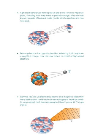  Alpha rays bend away from a positive plate and toward a negative
plate, including that they have a posit ive charge; they are now
known to consist of helium-4 nuclei (nuclei with two protons and two
neutrons).
 Beta rays bend in the opposite direction, indicating that they have
a negative charge; they are now known to consist of high-speed
electrons.
 Gamma rays are unaffected by electric and magnetic fields; they
have been shown to be a form of electromagnetic radiation similar
to x-rays except that their wavelengths (about 1pm, or m) are
shorter.
 