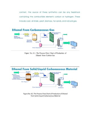 context, the source of these synthetics can be any feedstock
containing the combustible elements carbon or hydrogen. These
include coal, oil shale, peat, biomass, tar sands, and natural gas.
Figure No. 8.1. The Process Flow Chart of Production of
Ethanol from Carbon Gas
Figure No. 8.2. The Process Flow Chart of Production of Ethanol
from Solid /Liquid Carbonaceous Material
 