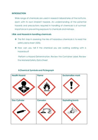 INTRODUCTION
Wide range of chemicals are used in research laboratories of the Institute,
each with its own inherent hazards. An understanding of the potential
hazards and precautions required in handling of chemicals is of outmost
importance in preventing exposure to chemicals and mishaps.
I.Risk and Hazards in handling chemicals
 The first step in assessing the risks of hazardous chemicals is to read the
safety data sheet (SDS).
 How can you tell if the chemical you are working working with is
hazardous?
-Perform a Hazard Determination, Review the Container Label, Review
the Material Safety Data Sheet
II.Chemical Symbols and Pictorgraph
Health Hazard Flame Exclamation mark
Gas Cylinder Corrosion Exploding bomb
 
