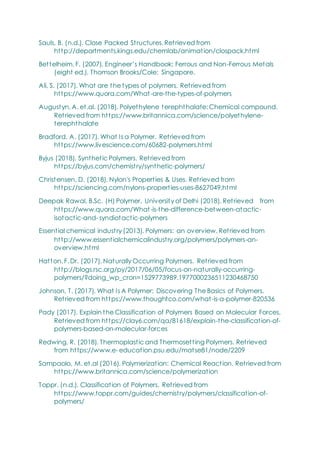Sauls, B. (n.d.). Close Packed Structures. Retrieved from
http://departments.kings.edu/chemlab/animation/clospack.html
Bettelheim, F. (2007). Engineer‘s Handbook: Ferrous and Non-Ferrous Metals
(eight ed.). Thomson Brooks/Cole: Singapore.
Ali, S. (2017). What are the types of polymers. Retrieved from
https://www.quora.com/What-are-the-types-of-polymers
Augustyn, A. et.al. (2018). Polyethylene terephthalate: Chemical compound.
Retrieved from https://www.britannica.com/science/polyethylene-
terephthalate
Bradford, A. (2017). What Is a Polymer. Retrieved from
https://www.livescience.com/60682-polymers.html
Byjus (2018). Synthetic Polymers. Retrieved from
https://byjus.com/chemistry/synthetic-polymers/
Christensen, D. (2018). Nylon's Properties & Uses. Retrieved from
https://sciencing.com/nylons-properties-uses-8627049.html
Deepak Rawal, B.Sc. (H) Polymer, University of Delhi (2018). Retrieved from
https://www.quora.com/What-is-the-difference-between-atactic-
isotactic-and- syndiotactic-polymers
Essential chemical industry (2013). Polymers: an overview. Retrieved from
http://www.essentialchemicalindustry.org/polymers/polymers-an-
overview.html
Hatton, F. Dr. (2017). Naturally Occurring Polymers. Retrieved from
http://blogs.rsc.org/py/2017/06/05/focus-on-naturally-occurring-
polymers/?doing_wp_cron=1529773989.1977000236511230468750
Johnson, T. (2017). What Is A Polymer: Discovering The Basics of Polymers.
Retrieved from https://www.thoughtco.com/what-is-a-polymer-820536
Pady (2017). Explain the Classification of Polymers Based on Molecular Forces.
Retrieved from https://clay6.com/qa/81618/explain-the-classification-of-
polymers-based-on-molecular-forces
Redwing, R. (2018). Thermoplastic and Thermosetting Polymers. Retrieved
from https://www.e- education.psu.edu/matse81/node/2209
Sampaolo, M. et.al (2016). Polymerization: Chemical Reaction. Retrieved from
https://www.britannica.com/science/polymerization
Toppr. (n.d.). Classification of Polymers. Retrieved from
https://www.toppr.com/guides/chemistry/polymers/classification-of-
polymers/
 