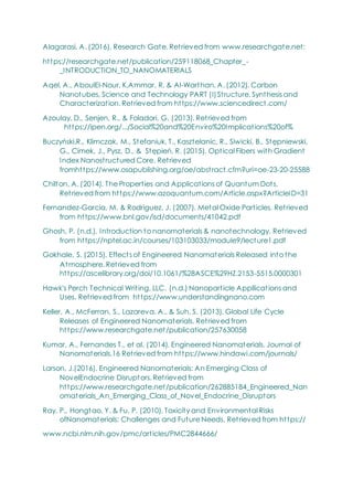 Alagarasi, A. (2016). Research Gate. Retrieved from www.researchgate.net:
https://researchgate.net/publication/259118068_Chapter_-
_INTRODUCTION_TO_NANOMATERIALS
Aqel, A., AboulEl-Nour, K,Ammar, R, & Al-Warthan, A. (2012). Carbon
Nanotubes, Science and Technology PART (I)Structure, Synthesis and
Characterization. Retrieved from https://www.sciencedirect.com/
Azoulay, D., Senjen, R., & Foladori, G. (2013). Retrieved from
https://ipen.org/.../Social%20and%20Enviro%20Implications%20of%
Buczyński,R., Klimczak, M., Stefaniuk, T., Kasztelanic, R., Siwicki, B., Stępniewski,
G., Cimek, J., Pysz, D., & Stępień, R. (2015). Optical Fibers with Gradient
Index Nanostructured Core. Retrieved
fromhttps://www.osapublishing.org/oe/abstract.cfm?uri=oe-23-20-25588
Chilton, A. (2014). The Properties and Applications of Quantum Dots.
Retrieved from https://www.azoquantum.com/Article.aspx?ArticleID=31
Fernandez-Garcia, M. & Rodriguez, J. (2007). Metal Oxide Particles. Retrieved
from https://www.bnl.gov/isd/documents/41042.pdf
Ghosh, P. (n.d.). Introduction to nanomaterials & nanotechnology. Retrieved
from https://nptel.ac.in/courses/103103033/module9/lecture1.pdf
Gokhale, S. (2015). Effects of Engineered Nanomaterials Released into the
Atmosphere. Retrieved from
https://ascelibrary.org/doi/10.1061/%28ASCE%29HZ.2153-5515.0000301
Hawk's Perch Technical Writing, LLC. (n.d.) Nanoparticle Appllications and
Uses. Retrieved from https://www.understandingnano.com
Keller, A., McFerran, S., Lazareva, A., & Suh, S. (2013). Global Life Cycle
Releases of Engineered Nanomaterials. Retrieved from
https://www.researchgate.net/publication/257630058
Kumar, A., Fernandes T., et al. (2014). Engineered Nanomaterials. Journal of
Nanomaterials,16 Retrieved from https://www.hindawi.com/journals/
Larson, J.(2016). Engineered Nanomaterials: An Emerging Class of
NovelEndocrine Disruptors. Retrieved from
https://www.researchgate.net/publication/262885184_Engineered_Nan
omaterials_An_Emerging_Class_of_Novel_Endocrine_Disruptors
Ray, P., Hongtao, Y. & Fu, P. (2010). Toxicity and Environmental Risks
ofNanomaterials: Challenges and Future Needs. Retrieved from https://
www.ncbi.nlm.nih.gov/pmc/articles/PMC2844666/
 