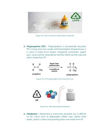 Figure No. 28 Low-Density Polyethylene Example
5. Polypropylene (PP) - Polypropylene is occasionally recycled.
PP is strong and can usually withstand higher temperatures. It
is used to make lunch boxes, margarine containers, yogurt
pots, syrup bottles, prescription bottles. Plastic bottle caps are
often made from PP.
Figure No. 29 Polypropylene Structural Formula
Figure No. 30 Polypropylene Example
6. Polystyrene - Polystyrene is commonly recycled, but is difficult
to do. Items such as disposable coffee cups, plastic food
boxes, plastic cutlery and packing foam are made from PS.
 