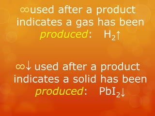 ∞used after a product
indicates a gas has been
     produced: H2↑


 ∞ used after a product
indicates a solid has been
     produced: PbI2↓
 
