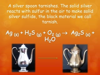 A silver spoon tarnishes. The solid silver
reacts with sulfur in the air to make solid
 silver sulfide, the black material we call
                   tarnish.
 