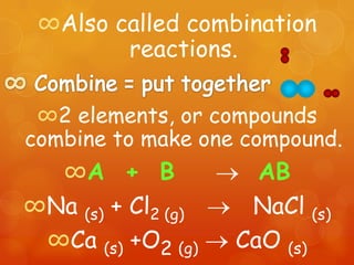 ∞Also called combination
        reactions.

 ∞2 elements, or compounds
combine to make one compound.
  ∞A + B              AB
∞Na (s) + Cl2 (g)    NaCl (s)
 ∞Ca (s) +O2 (g)    CaO (s)
 