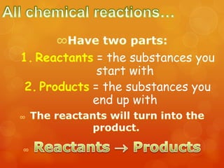 1. Reactants = the substances you
              start with
 2. Products = the substances you
             end up with
∞




∞
 