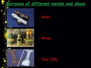 Corrosion of different metals and alloys
7.
8.
9.
- Steel
- Brass
- Zinc (Zn)
 