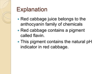 Explanation
 Red cabbage juice belongs to the
  anthocyanin family of chemicals
 Red cabbage contains a pigment
  called flavin.
 This pigment contains the natural pH
  indicator in red cabbage.
 