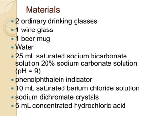 Materials
 2 ordinary drinking glasses
 1 wine glass
 1 beer mug
 Water
 25 mL saturated sodium bicarbonate
  solution 20% sodium carbonate solution
  (pH = 9)
 phenolphthalein indicator
 10 mL saturated barium chloride solution
 sodium dichromate crystals
 5 mL concentrated hydrochloric acid
 