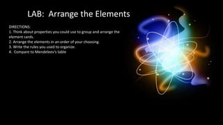 LAB: Arrange the Elements
DIRECTIONS:
1. Think about properties you could use to group and arrange the
element cards.
2. Arrange the elements in an order of your choosing.
3. Write the rules you used to organize.
4. Compare to Mendeleev’s table
 