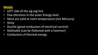 Metals
• LEFT side of the zig-zag line
• Few electrons in the outer Energy level
• Most are solid at room temperature (not Mercury)
• Shiny
• Ductile (good conductors of electrical current)
• Malleable (can be flattened with a hammer)
• Conductors of thermal energy
 