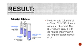 The saturated solutions of
NaCl and C12H22011 were
made and observed. The
observations agreed with
the related theory wit...