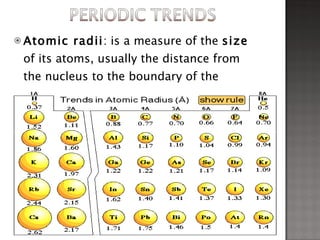 Atomic radii : is a measure of the  size  of its atoms, usually the distance from the nucleus to the boundary of the surrounding cloud of electrons. 