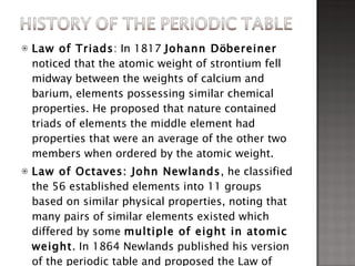 Law of Triads : In 1817  Johann D ö bereiner  noticed that the atomic weight of strontium fell midway between the weights of calcium and barium, elements possessing similar chemical properties. He proposed that nature contained triads of elements the middle element had properties that were an average of the other two members when ordered by the atomic weight.  Law of Octaves: John Newlands , he classified the 56 established elements into 11 groups based on similar physical properties, noting that many pairs of similar elements existed which differed by some  multiple of eight in atomic weight . In 1864 Newlands published his version of the periodic table and proposed the Law of Octaves,this law stated that any given element will exhibit analogous behavior to the eighth element following it in the table.  