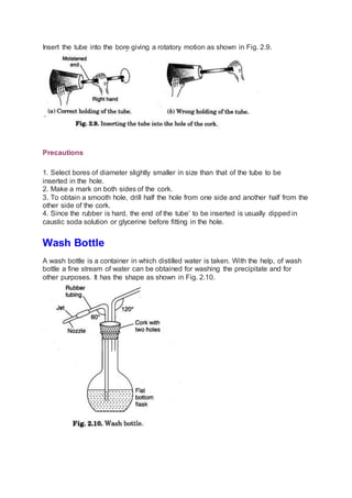 Insert the tube into the bore giving a rotatory motion as shown in Fig. 2.9.
Precautions
1. Select bores of diameter slightly smaller in size than that of the tube to be
inserted in the hole.
2. Make a mark on both sides of the cork.
3. To obtain a smooth hole, drill half the hole from one side and another half from the
other side of the cork.
4. Since the rubber is hard, the end of the tube’ to be inserted is usually dipped in
caustic soda solution or glycerine before fitting in the hole.
Wash Bottle
A wash bottle is a container in which distilled water is taken. With the help, of wash
bottle a fine stream of water can be obtained for washing the precipitate and for
other purposes. It has the shape as shown in Fig. 2.10.
 