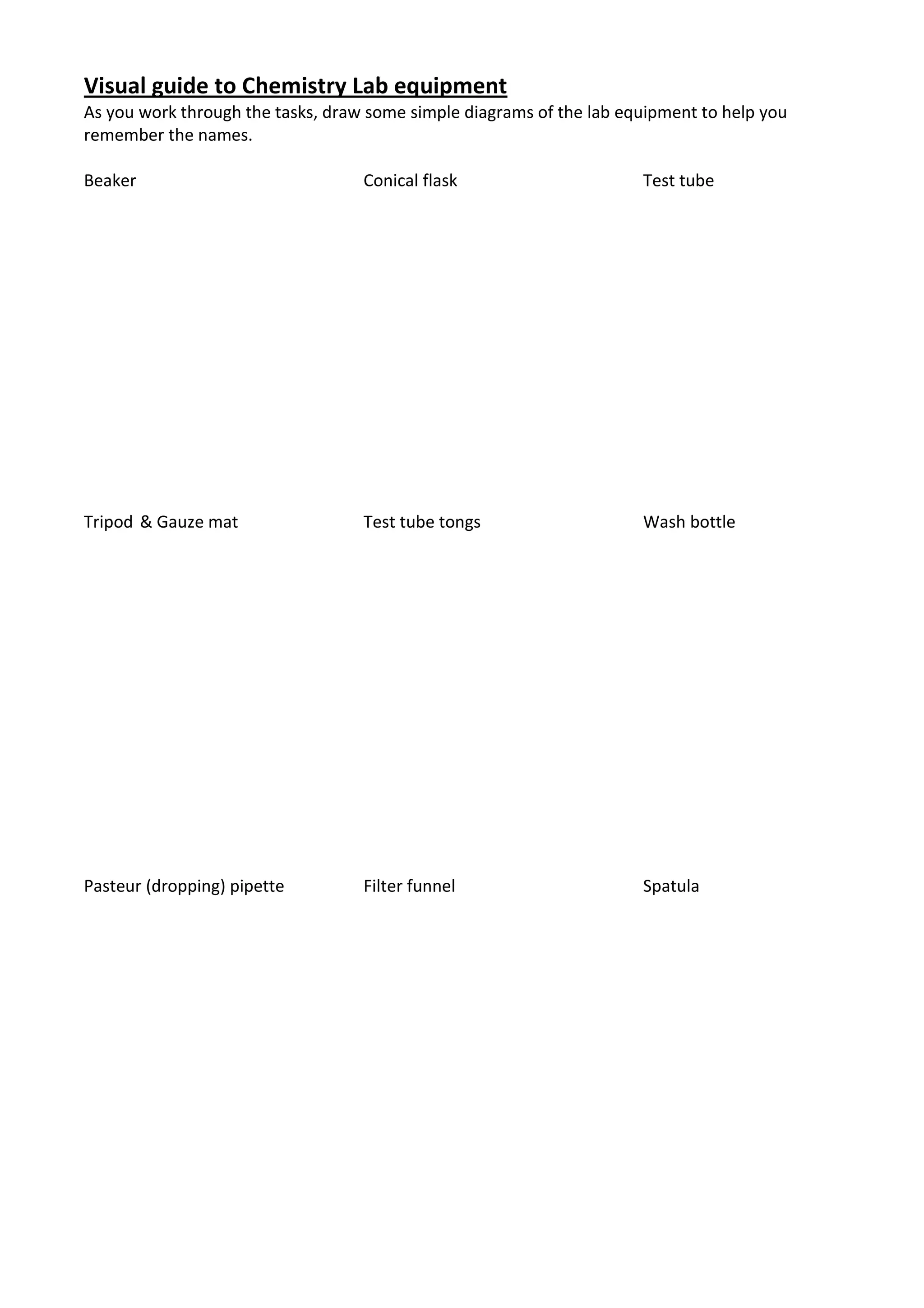 Visual guide to Chemistry Lab equipment
As you work through the tasks, draw some simple diagrams of the lab equipment to help you
remember the names.

Beaker                             Conical flask                      Test tube




Tripod & Gauze mat                 Test tube tongs                    Wash bottle




Pasteur (dropping) pipette         Filter funnel                      Spatula
 