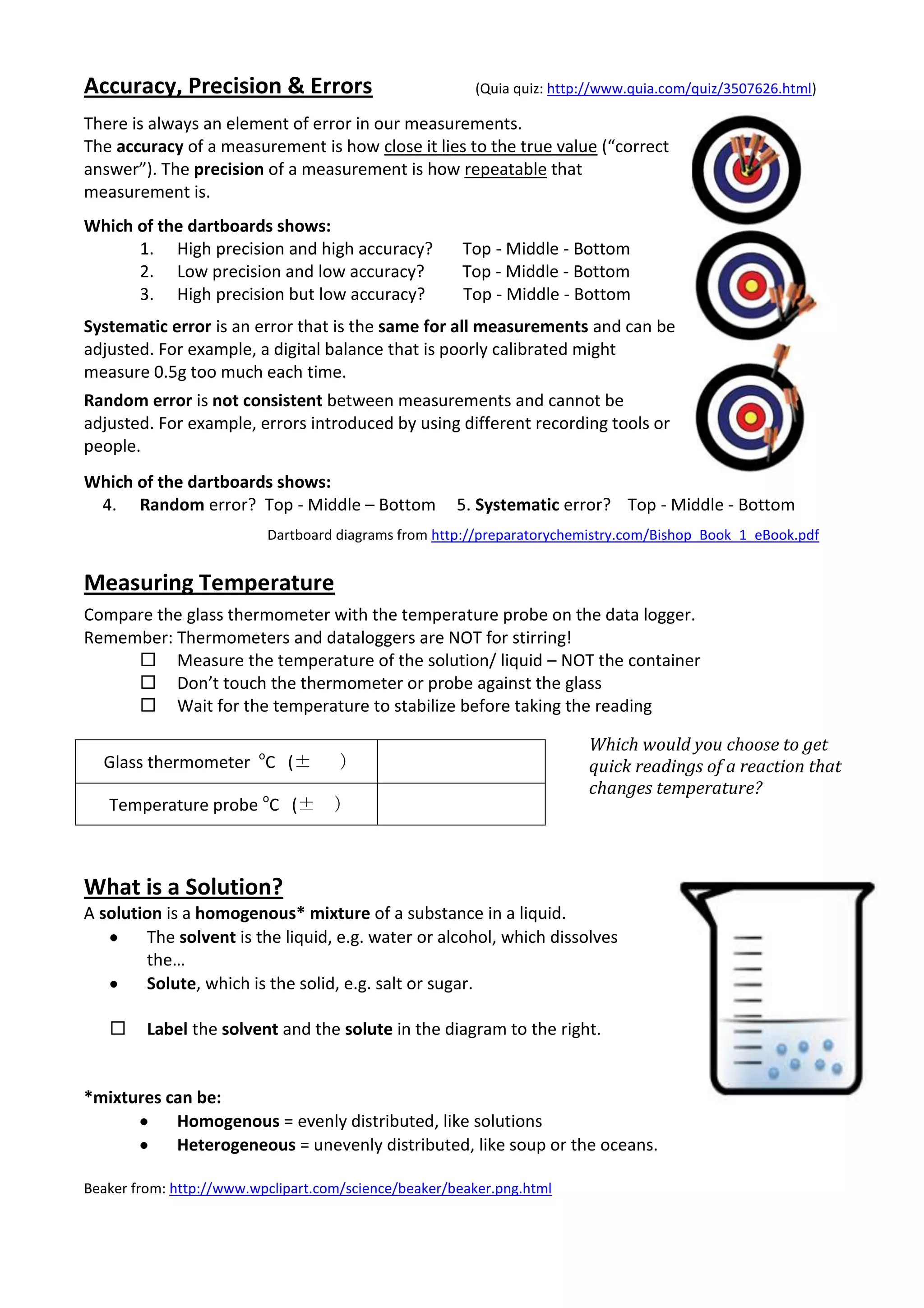 Accuracy, Precision & Errors                            (Quia quiz: http://www.quia.com/quiz/3507626.html)

There is always an element of error in our measurements.
The accuracy of a measurement is how close it lies to the true value (“correct
answer”). The precision of a measurement is how repeatable that
measurement is.
Which of the dartboards shows:
      1. High precision and high accuracy?             Top - Middle - Bottom
      2. Low precision and low accuracy?               Top - Middle - Bottom
      3. High precision but low accuracy?              Top - Middle - Bottom
Systematic error is an error that is the same for all measurements and can be
adjusted. For example, a digital balance that is poorly calibrated might
measure 0.5g too much each time.
Random error is not consistent between measurements and cannot be
adjusted. For example, errors introduced by using different recording tools or
people.
Which of the dartboards shows:
 4. Random error? Top - Middle – Bottom               5. Systematic error? Top - Middle - Bottom
                          Dartboard diagrams from http://preparatorychemistry.com/Bishop_Book_1_eBook.pdf


Measuring Temperature
Compare the glass thermometer with the temperature probe on the data logger.
Remember: Thermometers and dataloggers are NOT for stirring!
      Measure the temperature of the solution/ liquid – NOT the container
      Don’t touch the thermometer or probe against the glass
      Wait for the temperature to stabilize before taking the reading

                                                                        Which would you choose to get
  Glass thermometer oC (±            )                                  quick readings of a reaction that
                                                                        changes temperature?
   Temperature probe oC (±          )



What is a Solution?
A solution is a homogenous* mixture of a substance in a liquid.
        The solvent is the liquid, e.g. water or alcohol, which dissolves
        the…
        Solute, which is the solid, e.g. salt or sugar.

        Label the solvent and the solute in the diagram to the right.


*mixtures can be:
           Homogenous = evenly distributed, like solutions
           Heterogeneous = unevenly distributed, like soup or the oceans.

Beaker from: http://www.wpclipart.com/science/beaker/beaker.png.html
 