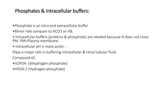 Phosphates & Intracellular buffers:
•Phosphate is an intra and extracellular buffer
•Minor role compare to HCO3 or HB.
• Intracellular buffers (proteins & phosphate) are needed because H does not cross
PM. PM=Plasma membrane .
• Intracellular pH is more acidic .
Plays a major role in buffering intracellular & renal tubular fluid.
Composed of;
•H2PO4- (dihydrogen phosphate)
•HPO4-2 (Hydrogen phosphate)
 